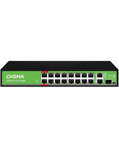 DSP216F-1G-1C-R300 (L2) 16х100Мбит/с 1х1Гбит/с 1хКомбо(1000BASE-T/SFP) 16PoE 16PoE+ 2PoE++ 300W. Коммутатор с питанием по PoE. Digma в Москве