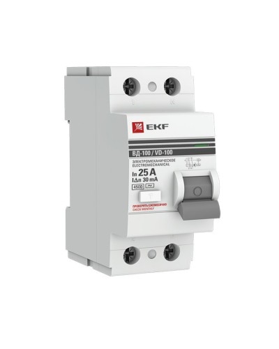 УЗО ВД-100 2P 25А 30мА тип AC эл-мех  PROxima (elcb-2-25-30-em-pro). Выключатель дифференциального тока (УЗО). EKF в Москве