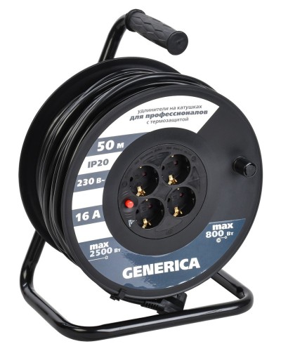 УК50 4 места 2P+PE, 50м GENERICA (WKP20-16-04-50-G). Удлинитель на катушке с термозащитой, 3х1,5кв.мм. IEK в Москве