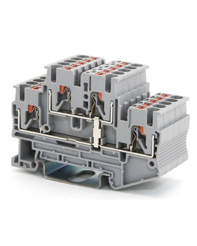 Клемма двухуровневая, зажим push-in, 2.5 кв.мм, серая (VPRTT-2.5-PV-GY). Клемма проходная, 4 точки подключения, уровни соединены перемычкой. ДКС в Москве